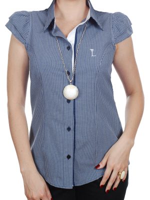 Camisa social feminina xadrez azul detalhe branco