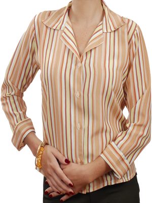 Camisa social feminina de crepe de seda listrada bege