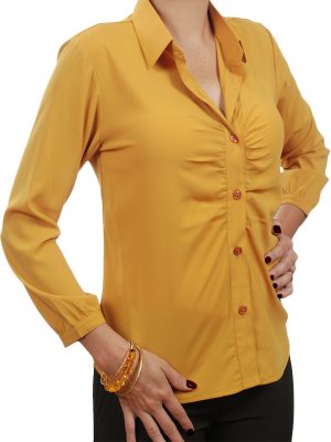 Camisa feminina de crepe de seda mostarda manga 7/8