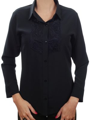 Camisa social de crepe de seda preta detalhes em renda