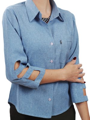 Camisa feminina em melange azul com manga 3/4