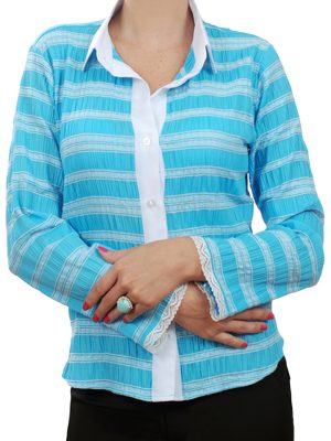 Camisa feminina manga longa azul em tricoline