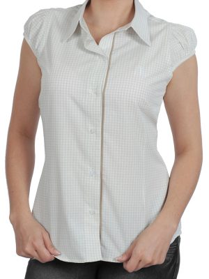 Camisa social feminina xadrez branca com detalhe palha