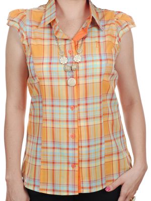 Camisa feminina de algodão xadrez laranja com detalhes
