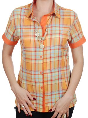Camisa social feminina em algodão xadrez detalhe laranja