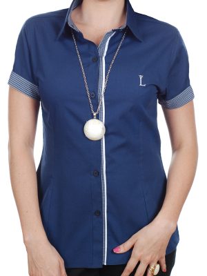 Camisa social 100% algodão em marinho com detalhe em xadrez