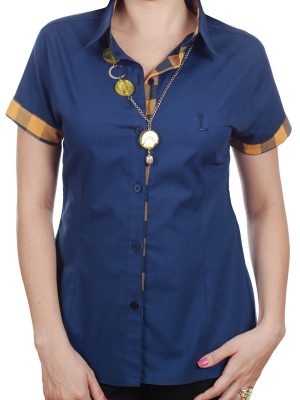 Camisa feminina de algodão puro em marinho com detalhe xadrez mostarda