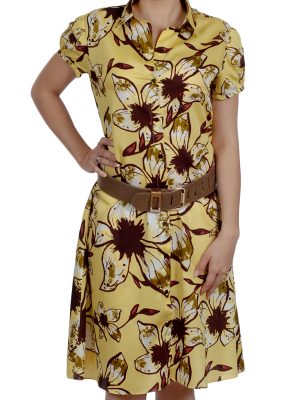 Vestido chemise de algodão puro estampado em amarelo floral