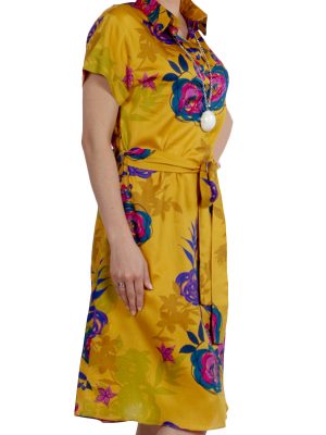 Vestido chemise 100% algodão em estampa mostarda floral