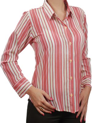 Camisa social listrada rosa de manga longa