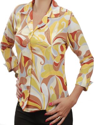 Camisa feminina crepe de seda estampa amarela