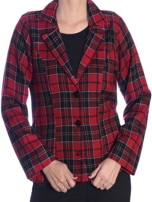 Blazer feminino forrado de lã xadrez vermelho