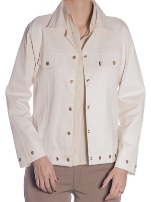 Jaqueta feminina pérola de sarja com ilhós